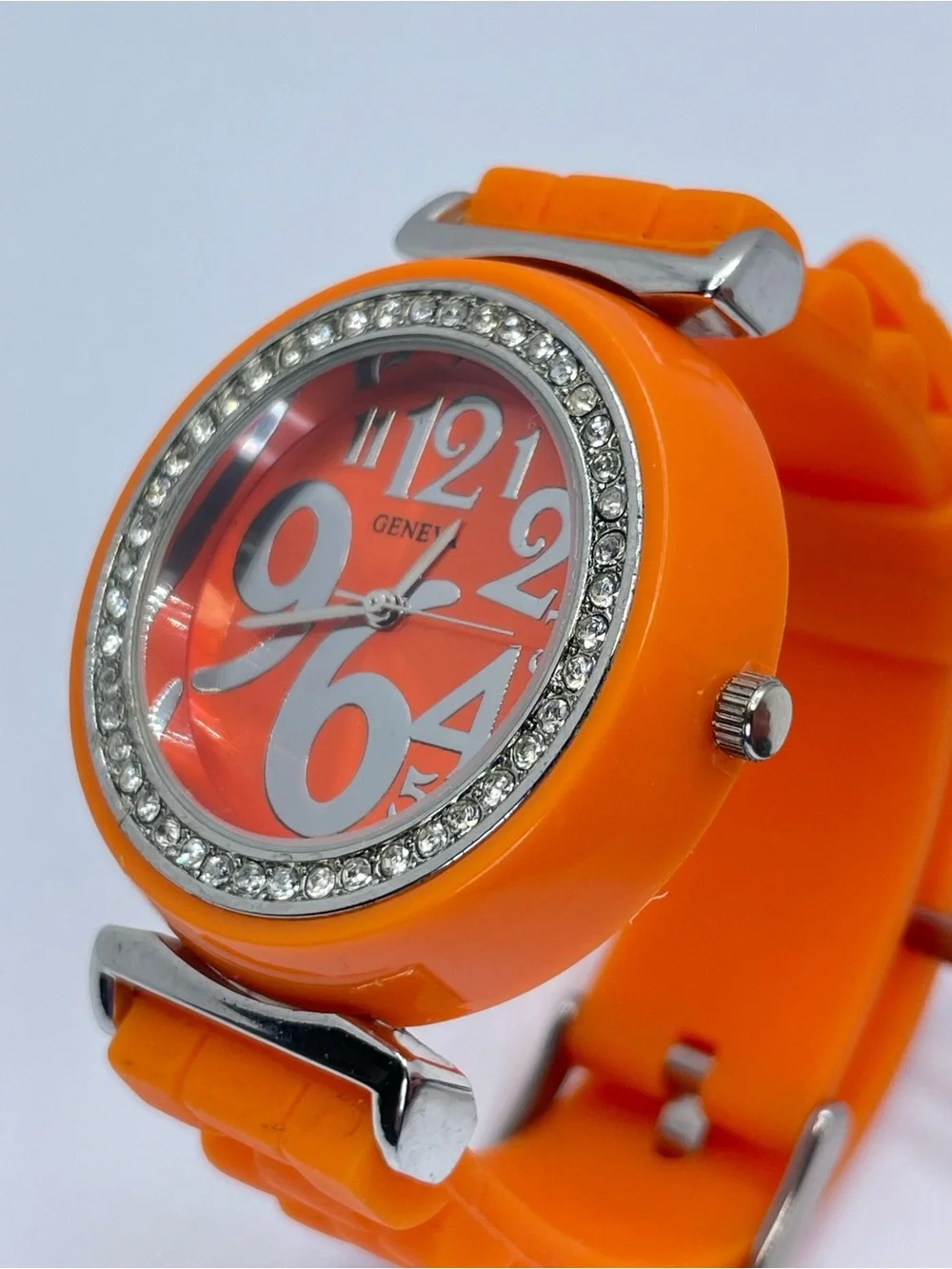 Geneva Orange Silicone Crystal Bezel Watch Silver Tone Working Modern Sleek